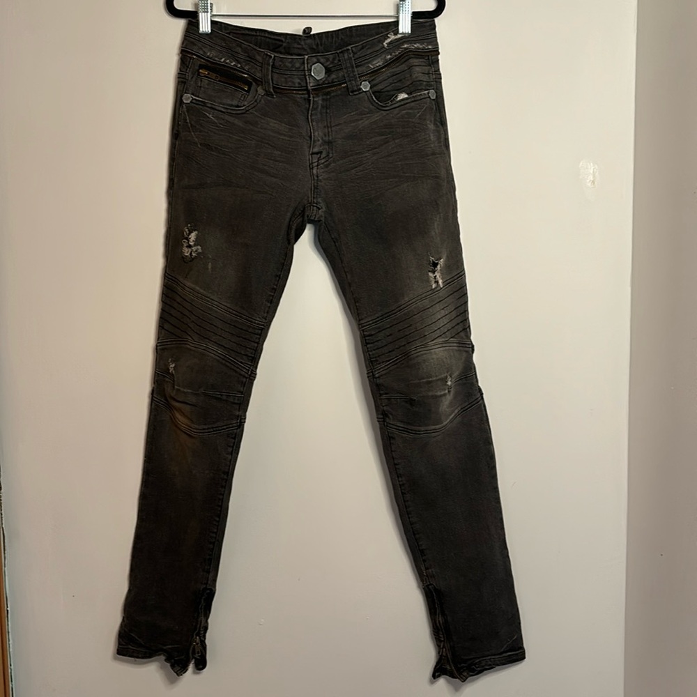 Pratts black denim, motorcycle jeans.